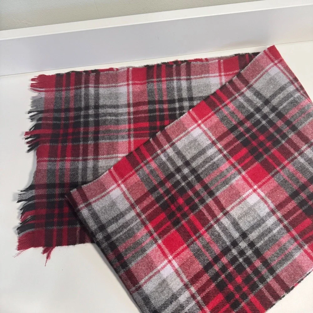 J Crew Buffalo Plaid Scarf Wool Alpaca Red Black Gray Fringe Cabin Cozy‎ Rustic